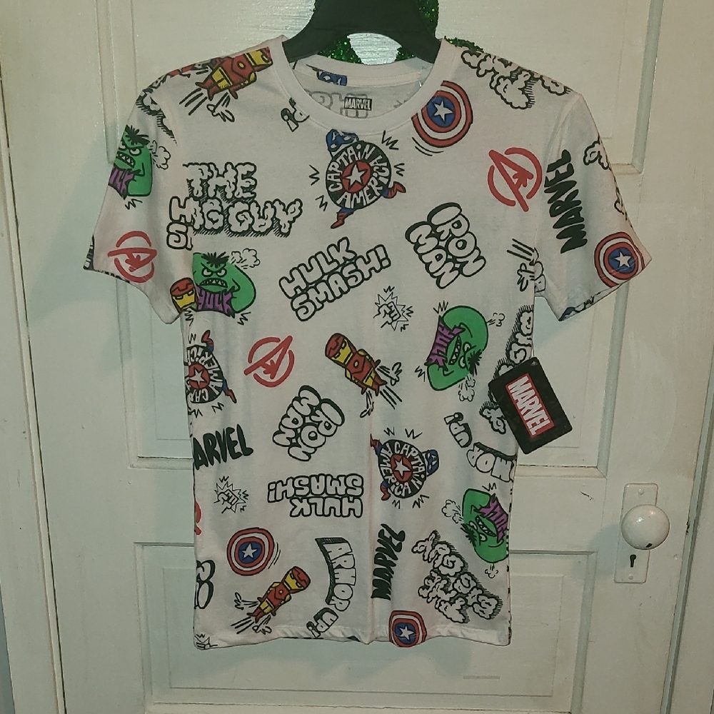 Marvel White Short Sleeve Tee with Red, Green, Blue and Black Graphics